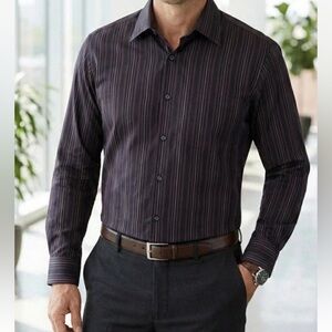 Axist Men's Dress Shirt 16.5 32/33 Fitted Stripe Black Maroon Cotton Blend